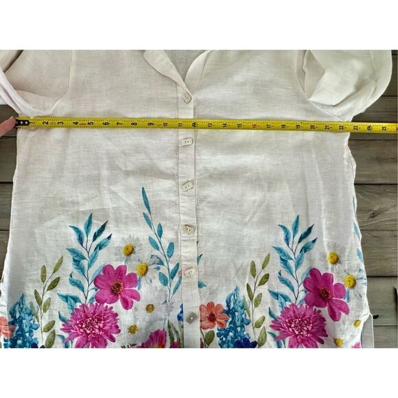 John Mark 100%‎ Linen Floral Border Wire Collar Button Front Size Large - Picture 11 of 12